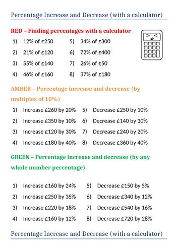 percentage increase and decrease worksheet tes
